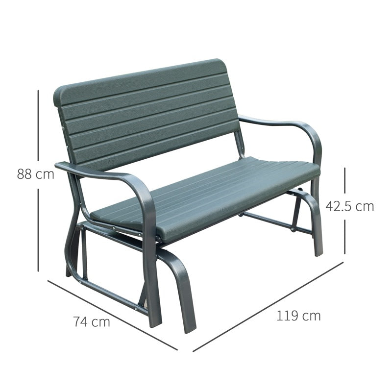 Outsunny 2 Seats Garden Glider Bench, Metal Frame and HDPE Swing Loveseat, Porch Rocking Glider for 2 Person with High Back and Armrest, Dark Green