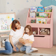 HOMCOM Kids Bookshelf, Toy Organiser, with Storage Drawer, Wheels - Pink