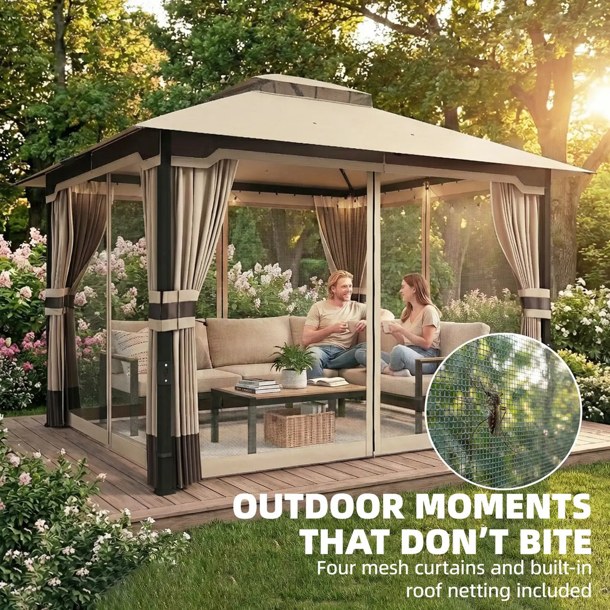 Outsunny 3 x 3.6 m Outdoor Garden Gazebo with Netting and Curtains, Double Roof Patio Gazebo Permanent Pavilion, Khaki