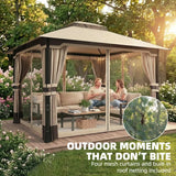 Outsunny 3 x 3.6 m Outdoor Garden Gazebo with Netting and Curtains, Double Roof Patio Gazebo Permanent Pavilion, Khaki