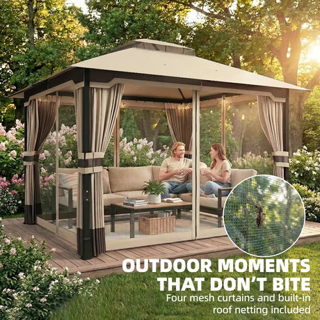 Outsunny 3 x 3.6 m Outdoor Garden Gazebo with Netting and Curtains, Double Roof Patio Gazebo Permanent Pavilion, Khaki