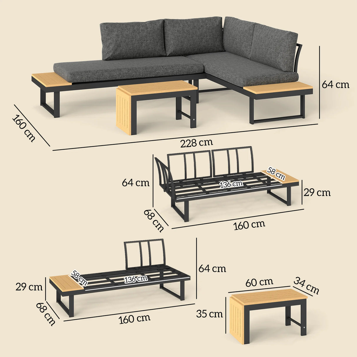 Outsunny 4 Seater L Shaped Aluminium Sectional Garden Furniture Set with 2 Loveseats and Wood-Plastic Coffee Table - Natural Wood