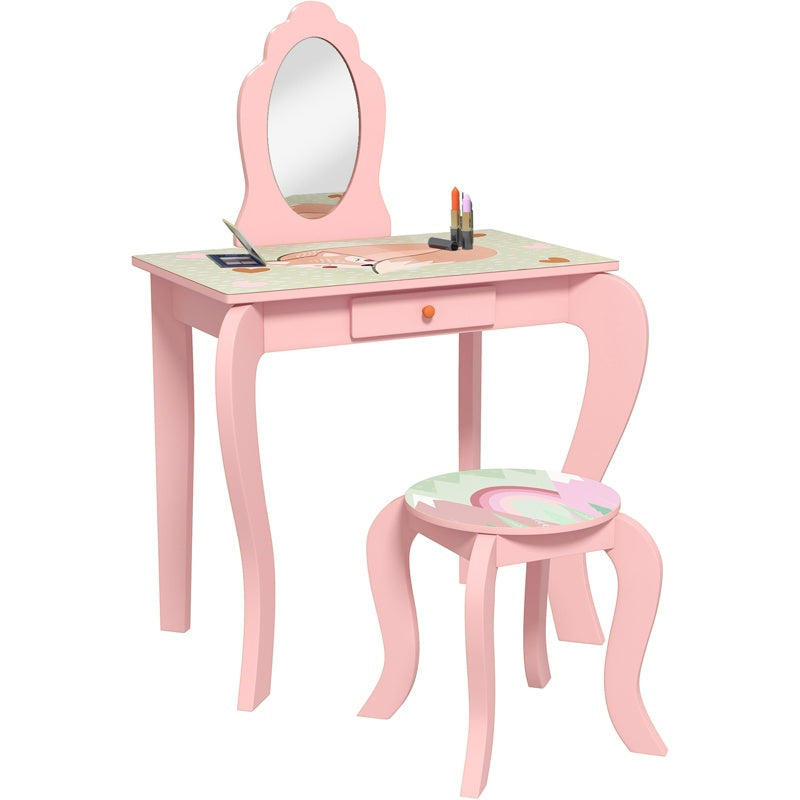 ZONEKIZ Kids Dressing Table with Mirror, Stool, Drawer, Cute Animal Design - Pink