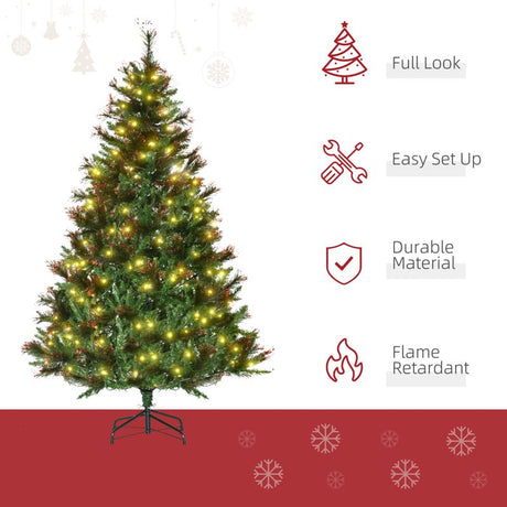 HOMCOM 1.8m 6ft Pre-Lit Christmas Tree Artificial Spruce Xmas Tree Warm White LED Holiday Décor with Metal Stand