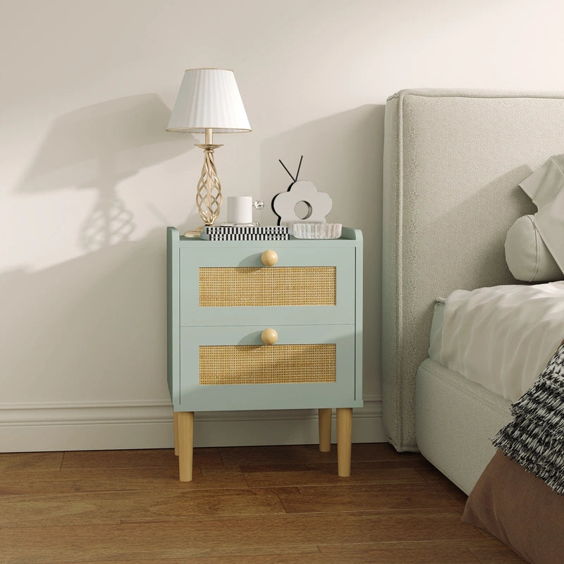 HOMCOM Bedroom Chest of Drawers, Boho Rattan Dresser with 2 Drawers, Storage Cabinet for Living Room, Hallway, Entryway, Olive Green