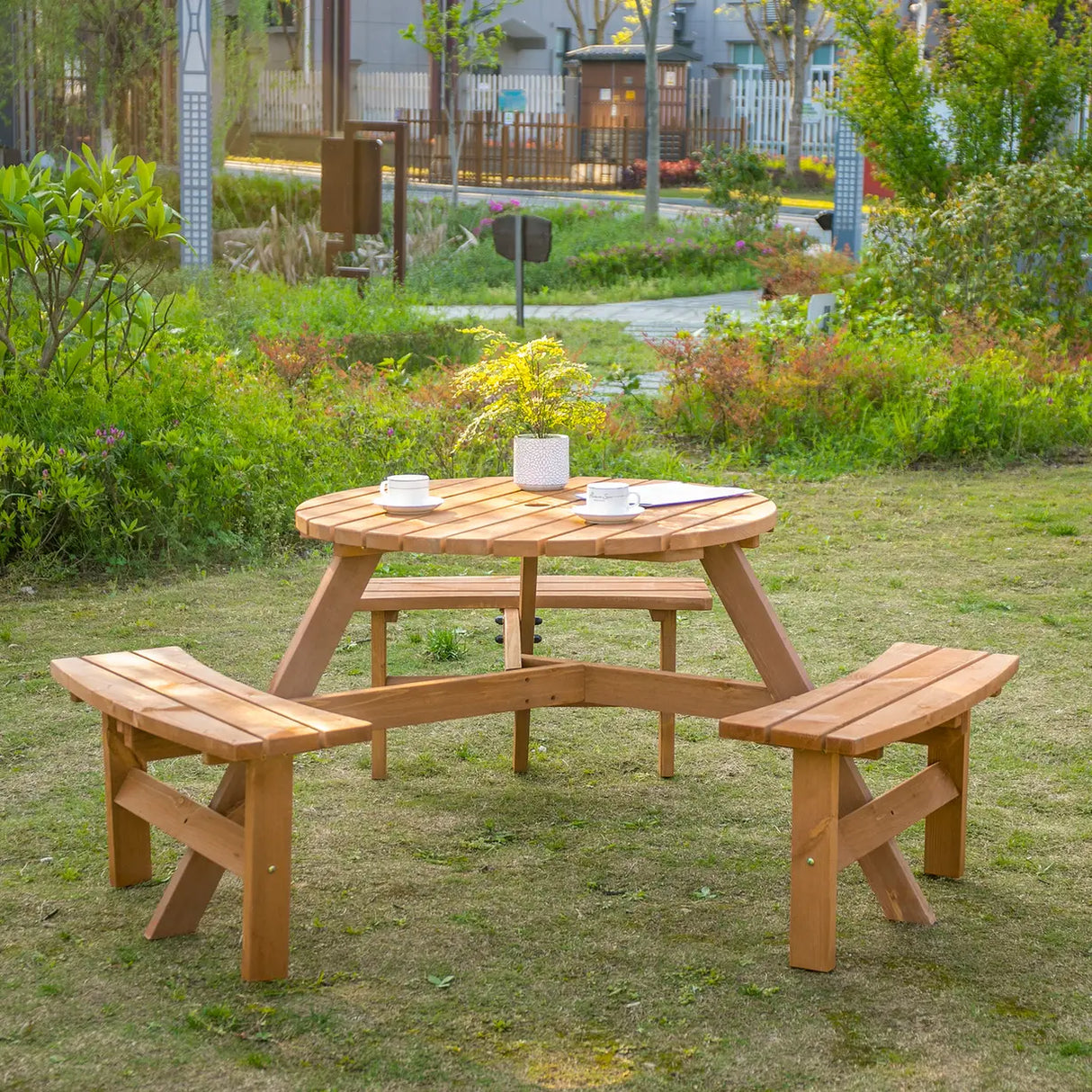 Outsunny 6 Seater Wooden Picnic Table and Garden Benches Set, Round Garden Dining Set with 3 Benches and Umbrella Hole Outdoor Garden Park, Brownish Red