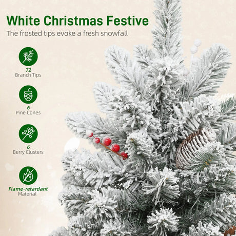 HOMCOM 60 cm Prelit Small Christmas Tree with 35 LED Lights, Snow Flocked Tabletop Mini Xmas Tree with 72 Dense Branches, Pine Cones, Berry Clusters and Linen Cover Base, Battery Operated, Green