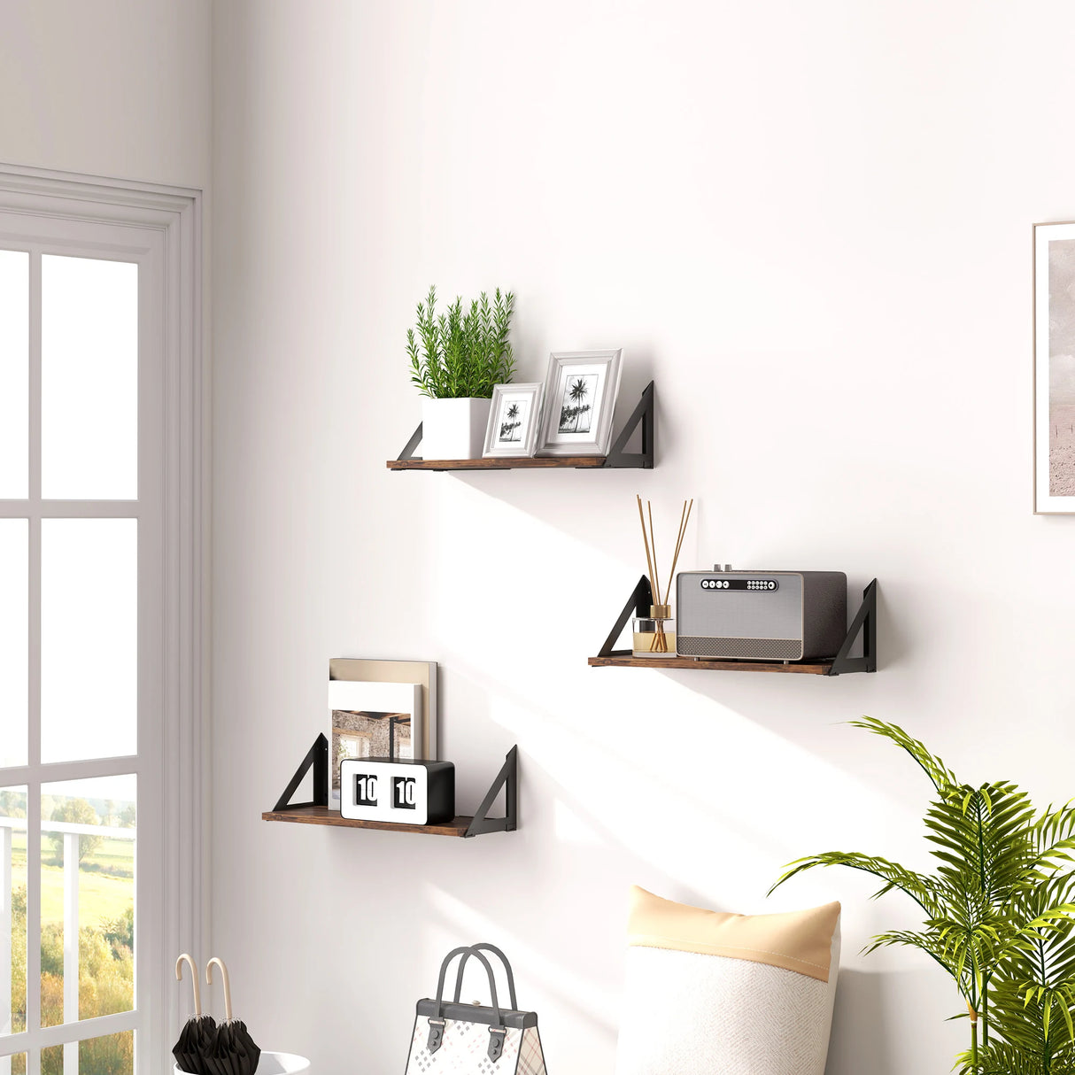 HOMCOM Set of 3 Wall Shelves, 43cm Vintage Wall Mounted Floating Shelves for Living Room, Entryway, Bedroom, Rustic Brown