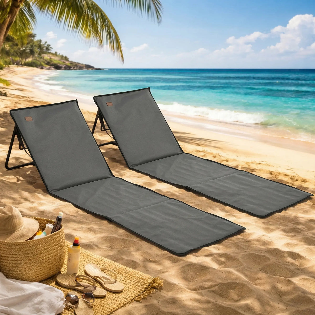 Outsunny Set of 2 Foldable Garden Beach Chair Mat, Outdoor Sun Lounger Seats with Adjustable Back, Magazine Pocket, Carry Bag