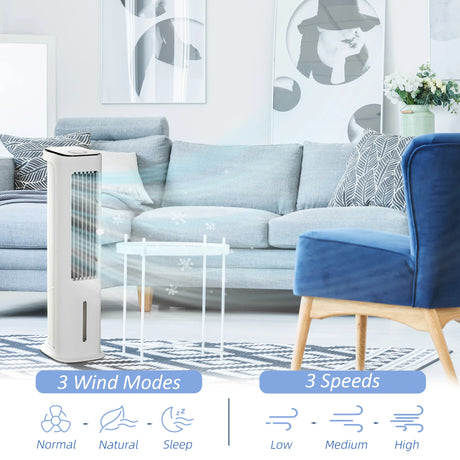 HOMCOM Evaporative Air Cooler, 5L Water Tank Oscillating Ice Cooling Fan with 3 Modes, 3 Speeds, Remote Control, Timer, and Oscillation, White