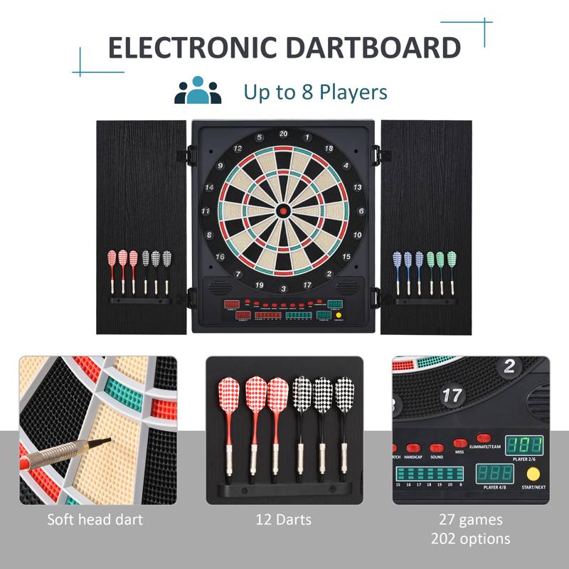 HOMCOM Electronic Dartboard Set, 27 Games Modes and 202 Variations, LED & 12 Soft Tip Darts and Cabinet to Storage, Ready-to-Play Multi-Game Option Darts Machine