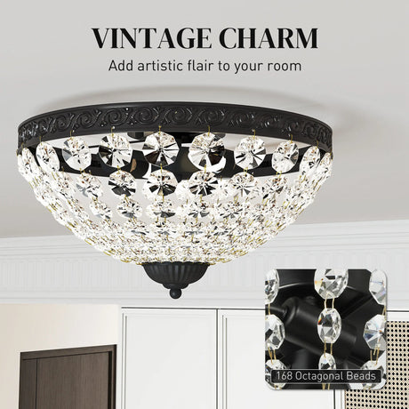 HOMCOM Crystal Chandelier Ceiling Light with 168 Octagonal Beads, Vintage 2-Light Flush Mount Ceiling Light for Living Room, Bedroom, Hallway, Dining Room, Black