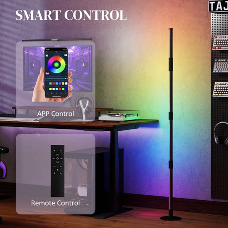 HOMCOM LED Floor Lamp, 360° RGB Detachable Corner Floor Lamp with App & Remote Control, Colour Changing Standing Lamp with Music Sync & Timing, for Living Room, Game Room, Dark Grey