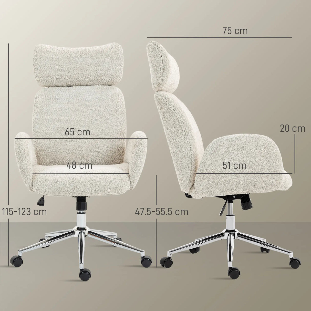 HOMCOM Office Chair with Adjustable Headrest, Spring Pack, Curved Line, Boucle Fabric - Pale Grey