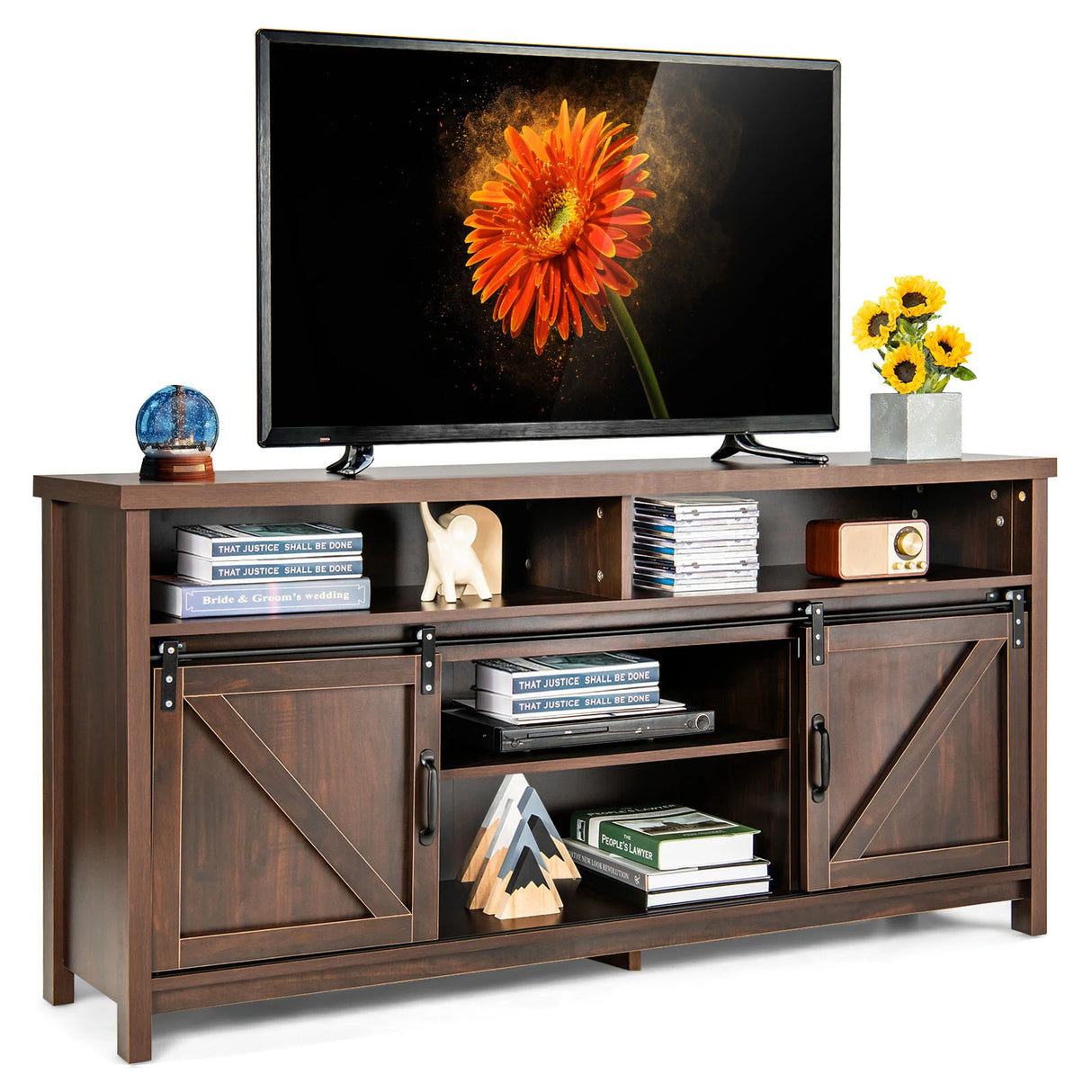 59 Inch Sliding Barn Door TV Stand with Adjustable Shelves for TVs up to 65 Inch-Brown