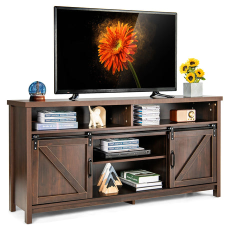 59 Inch Sliding Barn Door TV Stand with Adjustable Shelves for TVs up to 65 Inch-Brown