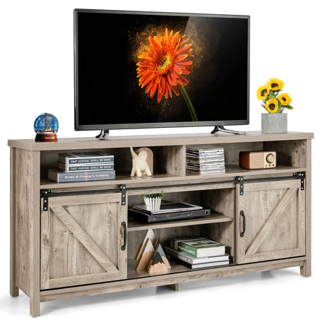 59 Inch Sliding Barn Door TV Stand with Adjustable Shelves for TVs up to 65 Inch-Light Brown