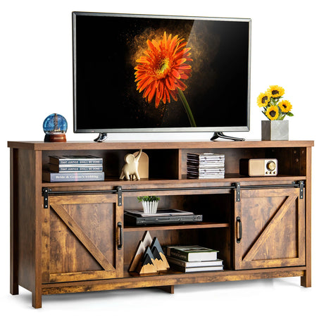 59 Inch Sliding Barn Door TV Stand with Adjustable Shelves for TVs up to 65 Inch-Coffee
