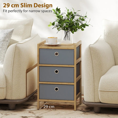 HOMCOM Chest of Drawers, 3 Fabric Drawers Narrow Dresser with Bamboo Frame, Light Grey