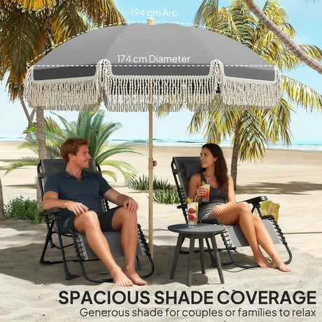 Outsunny 1.7 m Beach Umbrella with Sand Anchor, 30 Tilting Fringed Beach Garden Parasol with Adjustable Height, Grey