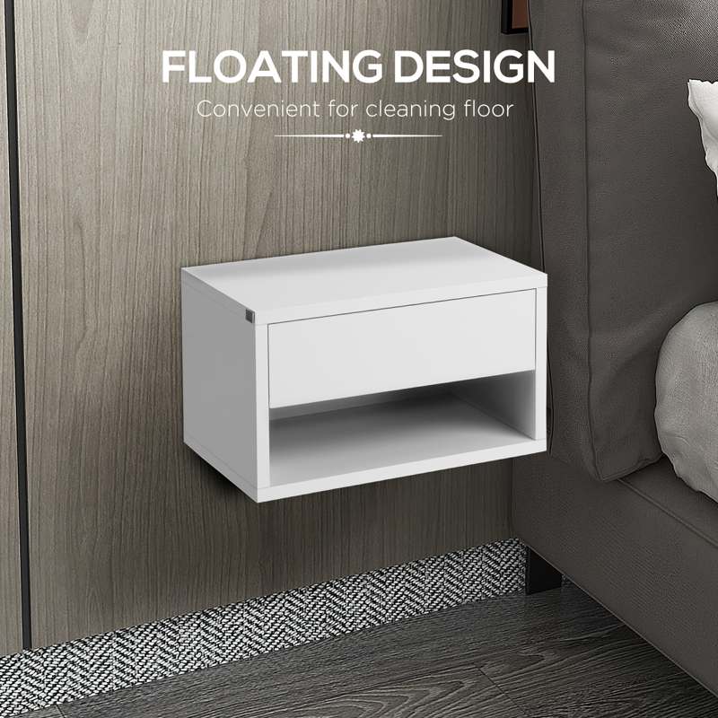 HOMCOM 2 Pieces Bedside Table Wall Mounted Nightstand with Drawer and Shelf for Bedroom, 37 x 32 x 21cm, High Gloss White