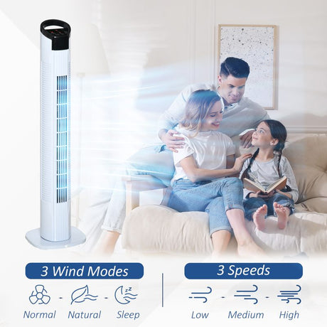 HOMCOM 31" Freestanding Tower Fan, 3 Speed 3 Mode, 7.5H Timer, Oscillating, LED Panel, Remote Control, 31 Inch Standing Fan, White