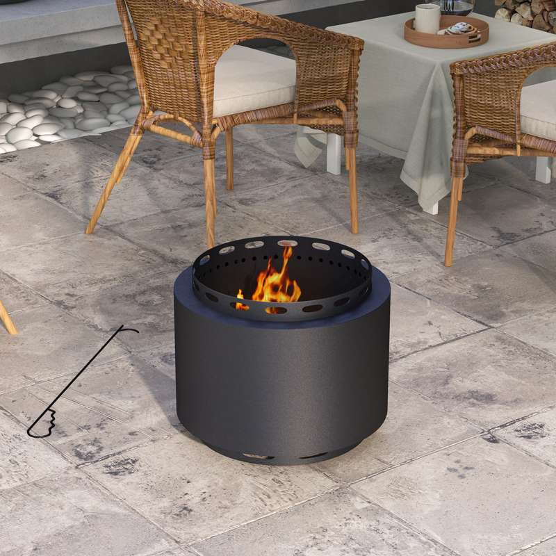 Outsunny Smokeless Fire Pit, 48.5cm Portable Wood Burning Firepit with Poker for Garden Camping Bonfire Party, Metal, Black