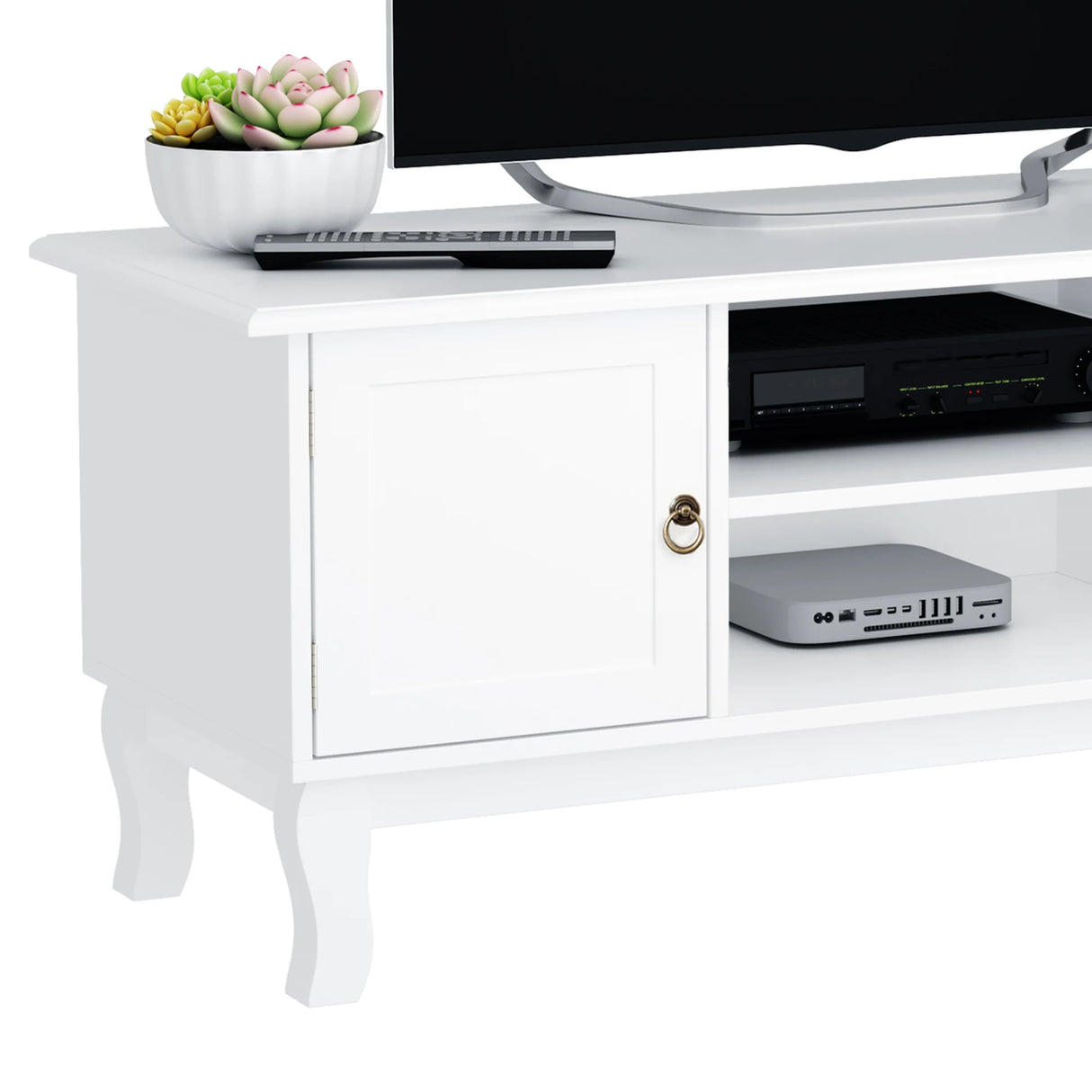 HOMCOM TV Unit up to 55", 2 Doors TV Cabinet with Open Storage Shelves and Cable Management for Living Room, Bedroom, Entertainment Room, 120L x 45W x 50.5H, White