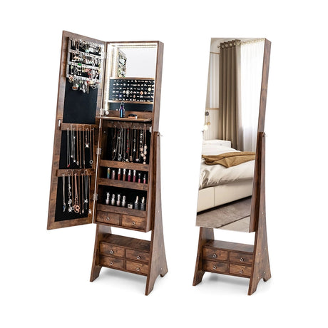 Freestanding Full Length LED Mirrored Jewelry Armoire with 6 Drawers-Rustic Brown