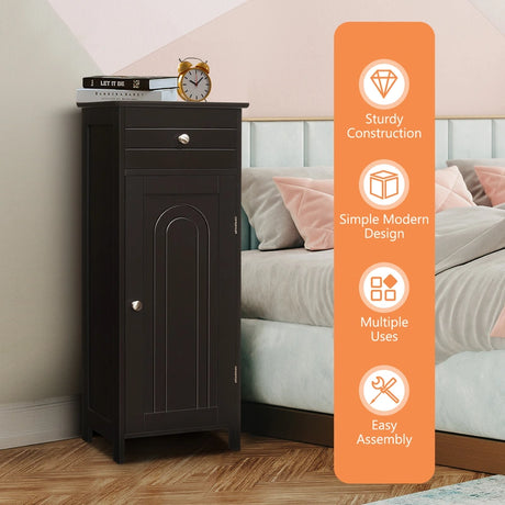 Wooden Storage Free-Standing Floor Cabinet with Drawer and Shelf-Brown