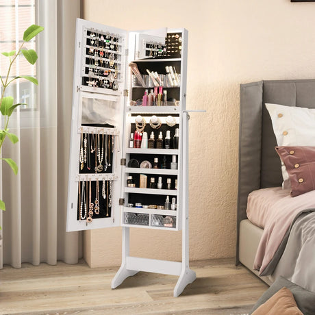 Freestanding LED Mirrored Jewellery Cabinet with Keyhole-White