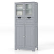 4 Door Freee-Standing Bathroom Cabinet with 2 Drawers and Glass Doors-Gray