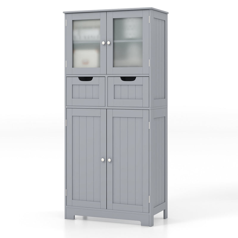 4 Door Freee-Standing Bathroom Cabinet with 2 Drawers and Glass Doors-Gray