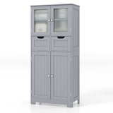4 Door Freee-Standing Bathroom Cabinet with 2 Drawers and Glass Doors-Gray