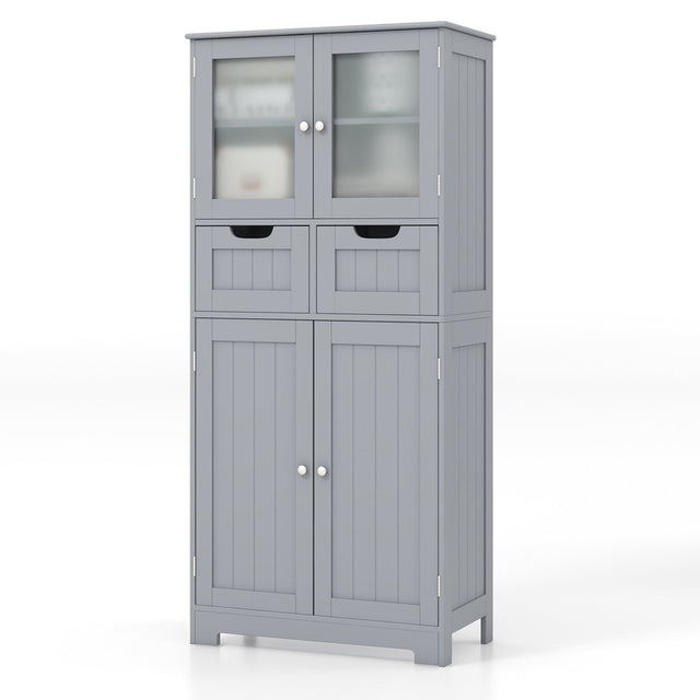 4 Door Freee-Standing Bathroom Cabinet with 2 Drawers and Glass Doors-Gray