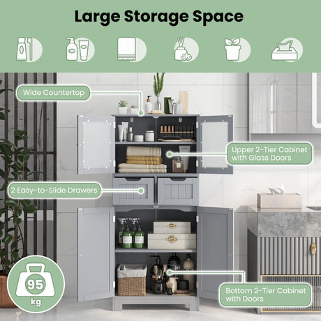 4 Door Freee-Standing Bathroom Cabinet with 2 Drawers and Glass Doors-Gray