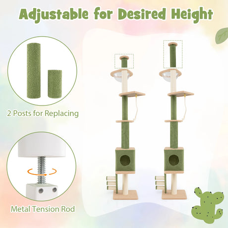 Floor to Ceiling Cat Tree with Adjustable Height and Extra Post-Green