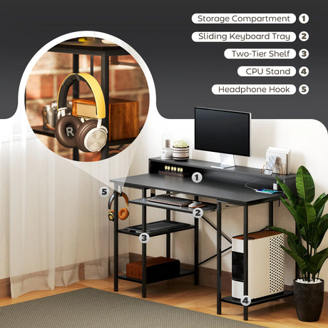 HOMCOM Computer Desk with LED Lights and Power Outlets, 120 x 55 cm Gaming Desk with Monitor Stand, Sliding Keyboard Tray and Storage Shelves for Home Office, Black