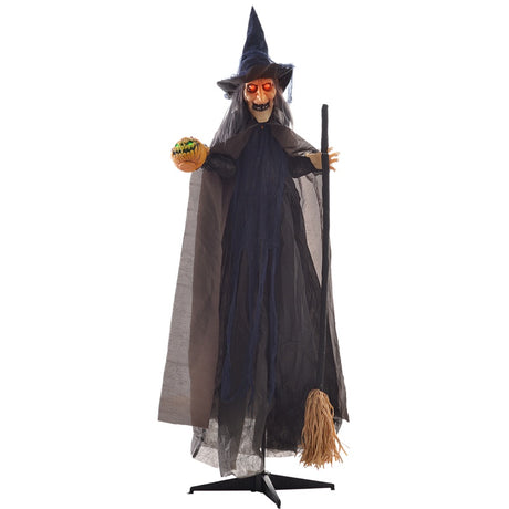 HOMCOM 6'2" Witch with Broomstick Halloween Animatronic, with Glowing Eyes