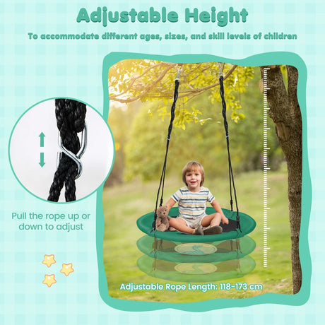 40 Inches Saucer Tree Swing Round with Adjustable Ropes and Carabiners-Green