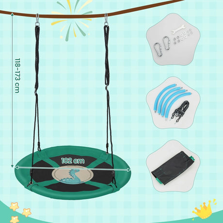 40 Inches Saucer Tree Swing Round with Adjustable Ropes and Carabiners-Green