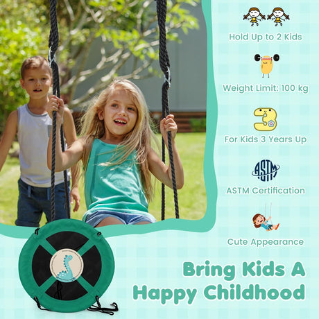 40 Inches Saucer Tree Swing Round with Adjustable Ropes and Carabiners-Green
