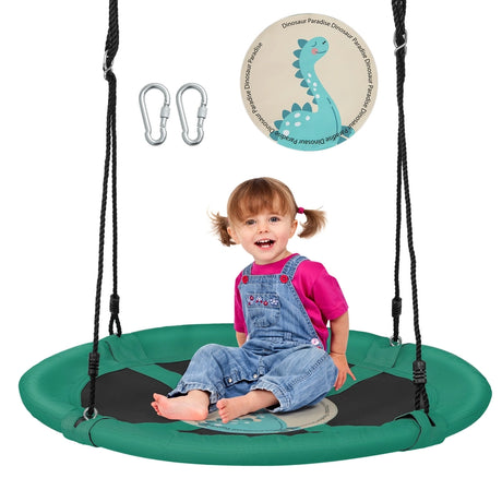 40 Inches Saucer Tree Swing Round with Adjustable Ropes and Carabiners-Green