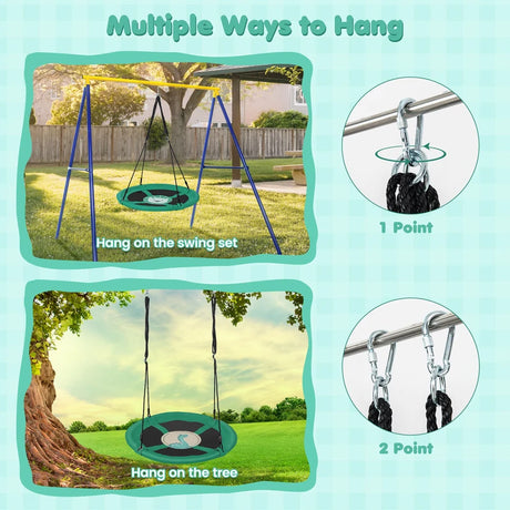 40 Inches Saucer Tree Swing Round with Adjustable Ropes and Carabiners-Green