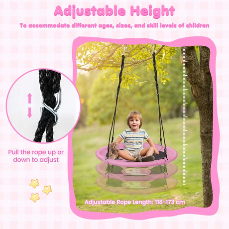 40 Inches Saucer Tree Swing Round with Adjustable Ropes and Carabiners-Pink