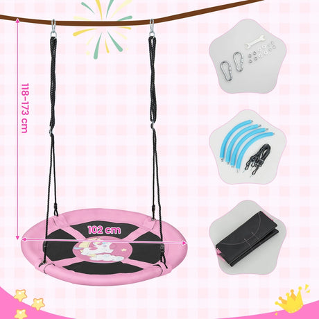 40 Inches Saucer Tree Swing Round with Adjustable Ropes and Carabiners-Pink