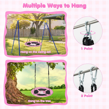 40 Inches Saucer Tree Swing Round with Adjustable Ropes and Carabiners-Pink