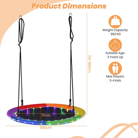 Saucer swing with 100 cm diameter, load capacity up to 300 kg LED swing for children &amp; adults rainbow color