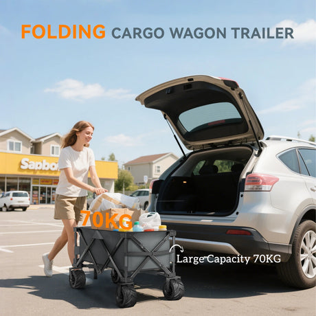 Outsunny Outdoor Pull Along Cart Folding Cargo Wagon Trailer Trolley for Beach Garden with Handle, Anti-Slip Wheel - Dark Grey