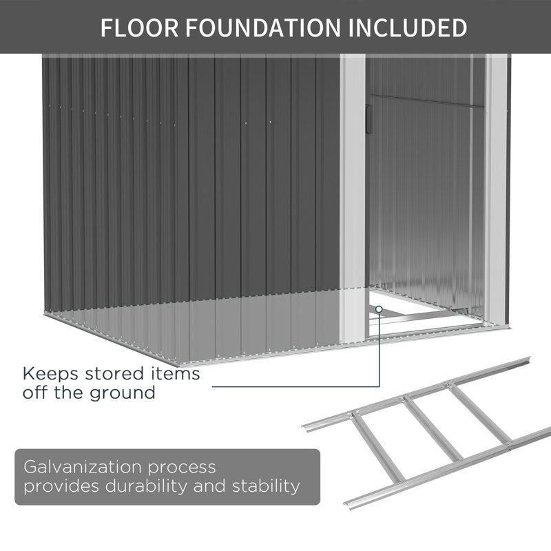 Outsunny Garden Metal Tool Storage Shed with Sliding Door, Sloped Roof and Foundation Kit, 152 x 132 x 188cm, Grey